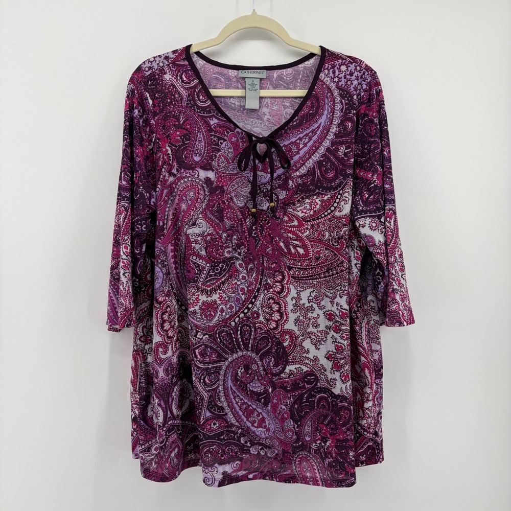 Catherines Womens 1X Purple Paisley Tunic Blouse 3/4 Sleeve V-Neck Tie Detail
